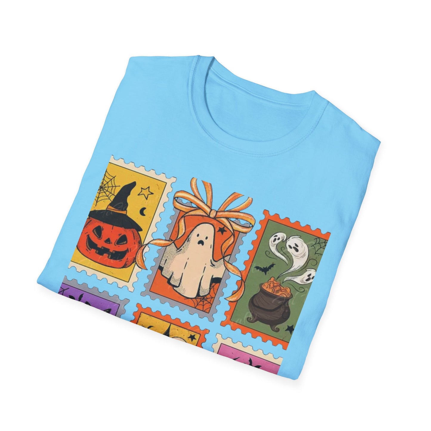 Halloween Themed Unisex Softstyle T-Shirt - Spooky Stamp Design, Fall Fashion, Trick or Treat, Halloween Party, Gift for Ghost Lovers