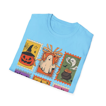 Halloween Themed Unisex Softstyle T-Shirt - Spooky Stamp Design, Fall Fashion, Trick or Treat, Halloween Party, Gift for Ghost Lovers