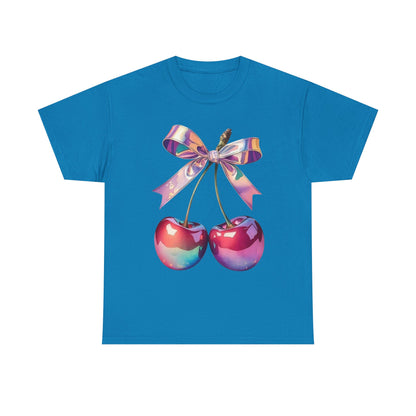 Sweet Cherry Ribbon Tee, Cute Casual Wear, Gift for Fruit Lovers, Summer Vibe Shirt, Festival Outfit, Unisex Graphic T-Shirt