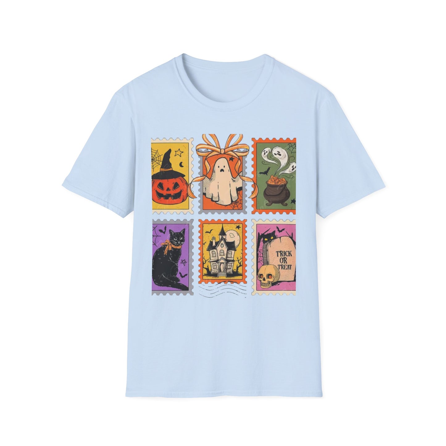 Halloween Themed Unisex Softstyle T-Shirt - Spooky Stamp Design, Fall Fashion, Trick or Treat, Halloween Party, Gift for Ghost Lovers