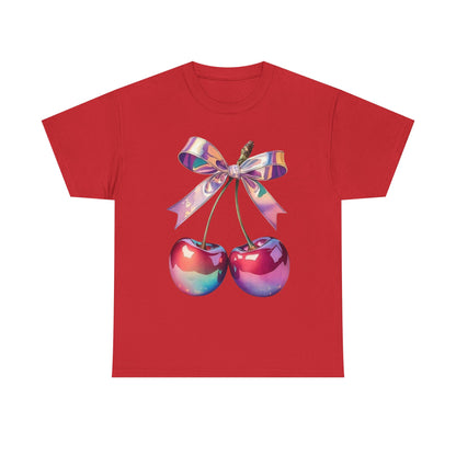 Sweet Cherry Ribbon Tee, Cute Casual Wear, Gift for Fruit Lovers, Summer Vibe Shirt, Festival Outfit, Unisex Graphic T-Shirt