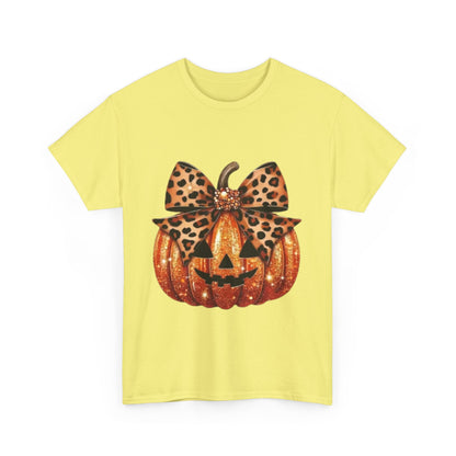 Leopard Bow Pumpkin Tee, Cute Halloween Shirt, Fall Fashion, Unisex Graphic Tee, Autumn Apparel, Pumpkin Lover Gift