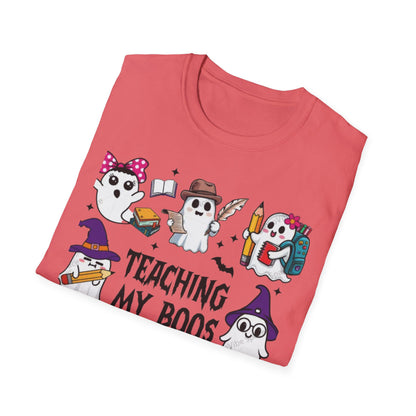 Halloween Teacher T-Shirt, Teaching My Boos, Unisex Softstyle Tee, Cute Ghost Design, Fall Celebration Apparel