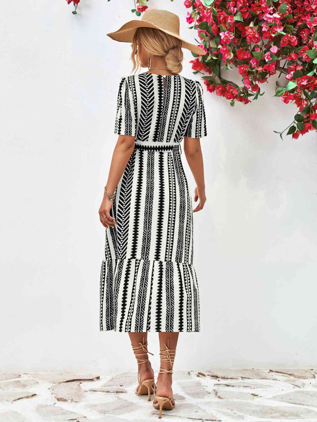 Striped Tie Belt Round Neck Puff Sleeve Dress