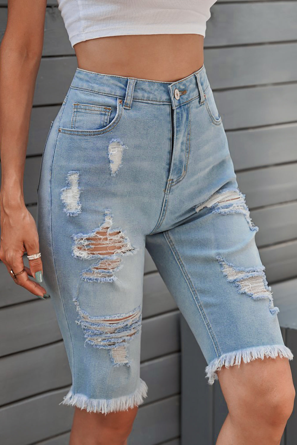 Distressed Raw Hem Denim Bermuda Shorts