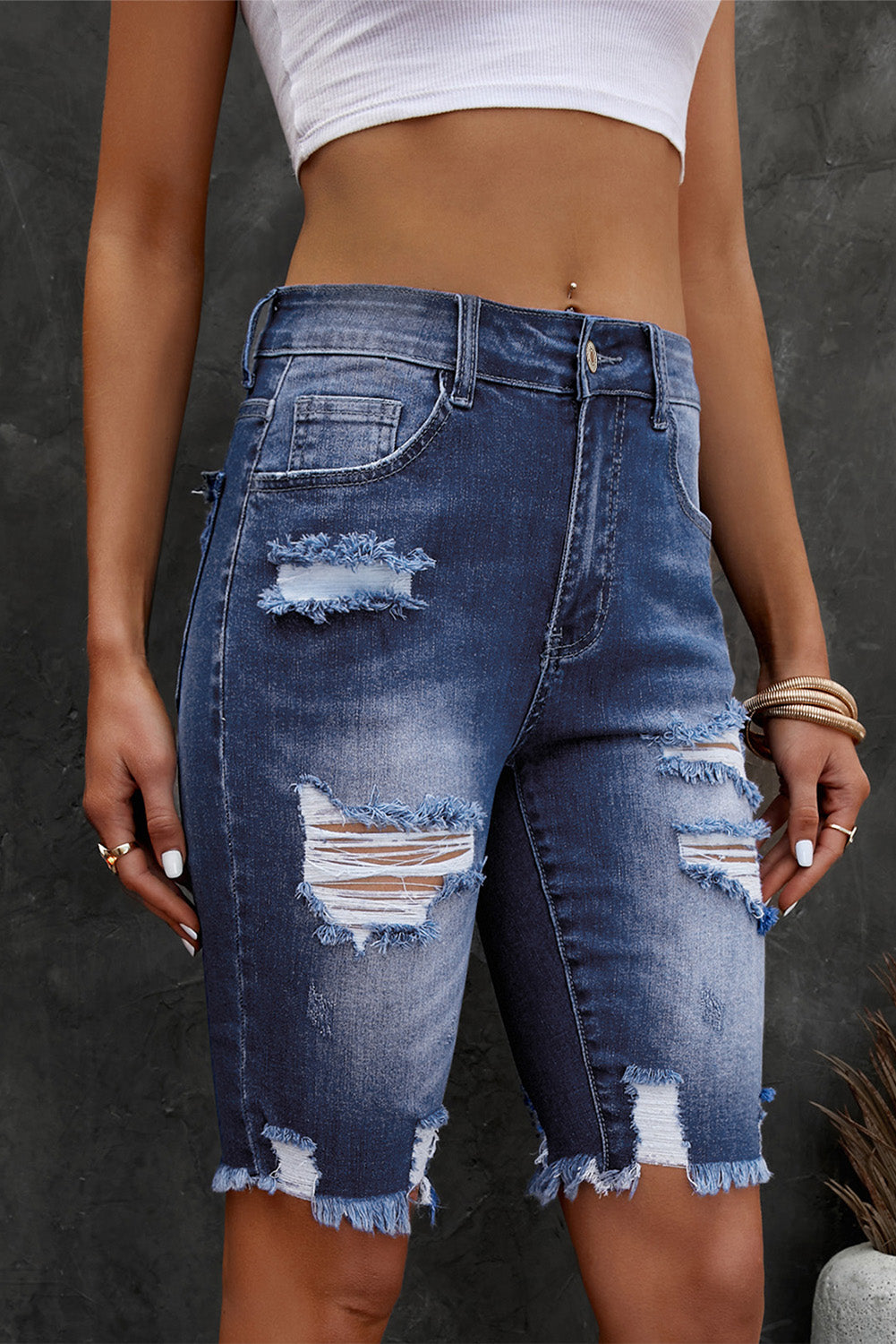 Distressed Frayed Hem Denim Bermuda Shorts