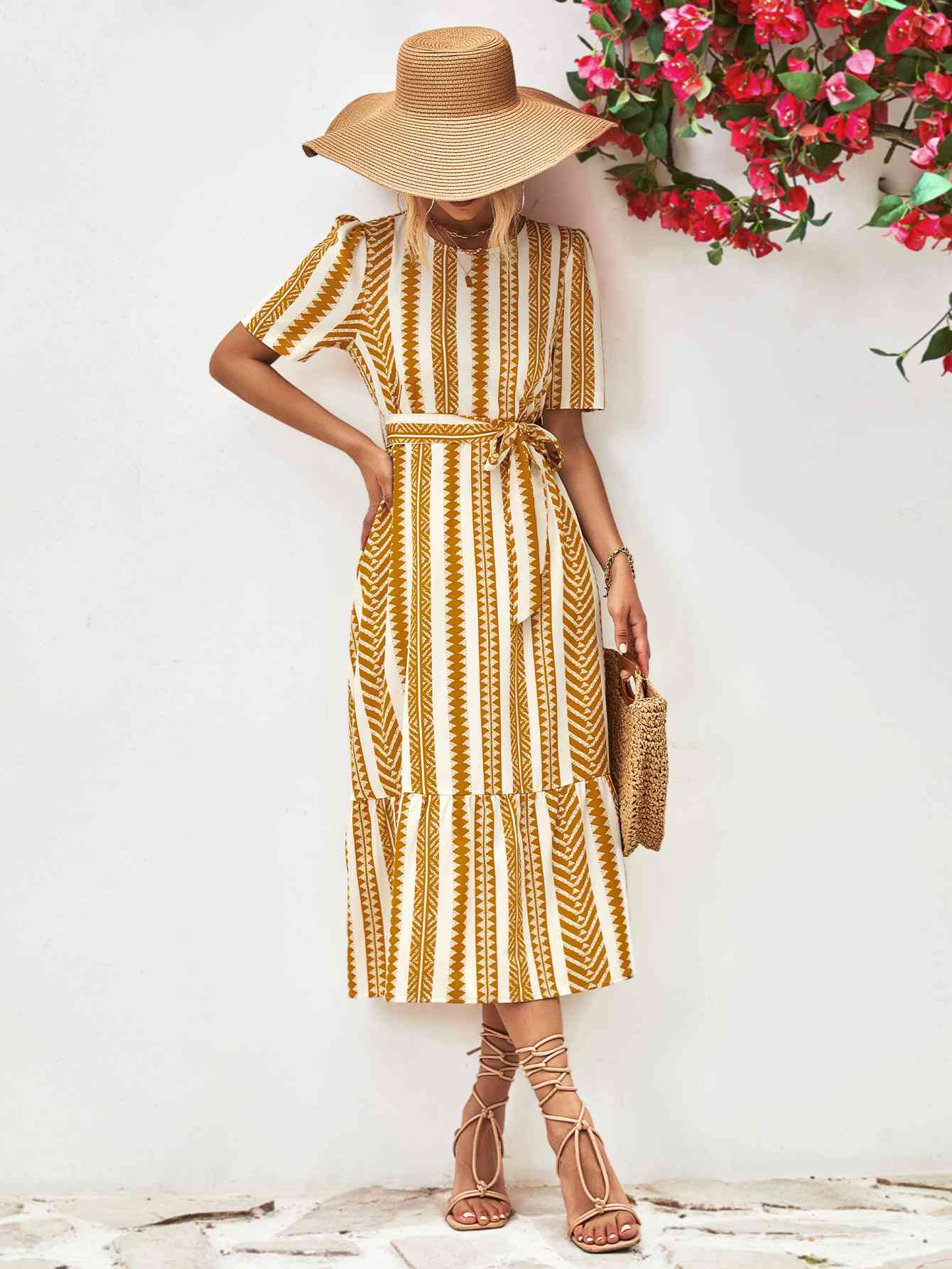 Striped Tie Belt Round Neck Puff Sleeve Dress