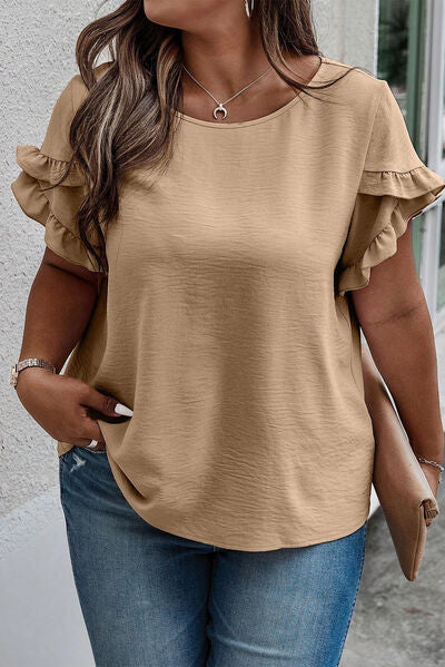 Plus Size Ruffled Petal Sleeve Round Neck T-Shirt