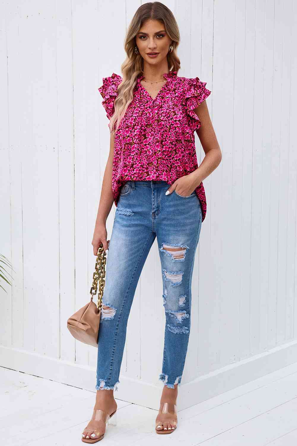 Floral Flutter Sleeve Notched Neck Blouse